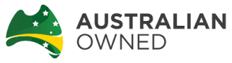 The Australian Owned logo boasts a stylized green and yellow map with stars, reminiscent of a finely woven fabric, symbolizing quality and authenticity.