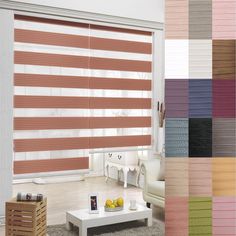 Room with Zebra Blind Range B, a cozy white sofa, and a small table. On the right, a color chart displays various fabric swatches.