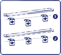 Diagram showing two installation methods for a light fixture. The top method is marked incorrect (X), and the bottom method is marked correct (✓).