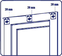 Diagram showing three brackets aligned on a wall, labeled with dimensions: two at 25mm and one at 28mm.