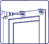 Illustration of a door chain lock with a slider mechanism, mounted on a door frame and door.