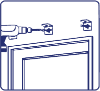 Illustration of a drill being used to install two wall mounts above a door frame.