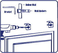 Illustration of a drill and bolts being installed into a wall mount bracket, with labeled hex bolts and bolt anchors.