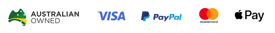 Payment options include Visa, PayPal, Mastercard, and Apple Pay. Icon indicating Australian ownership is present.