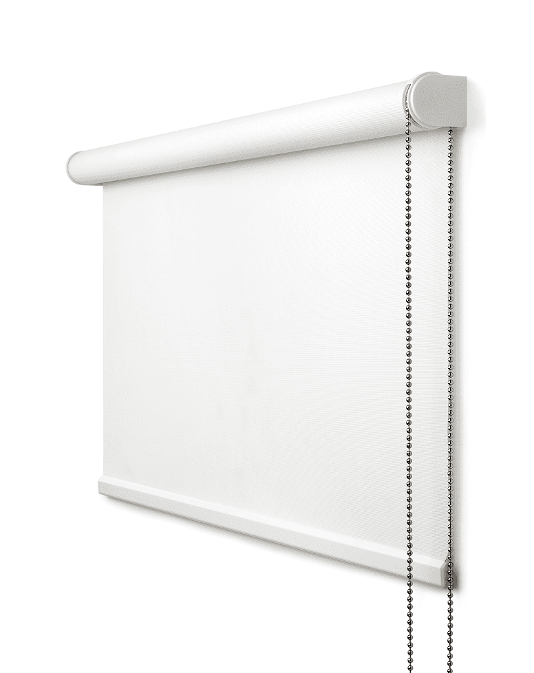 White roller shade with a beaded chain pull on a plain white background.