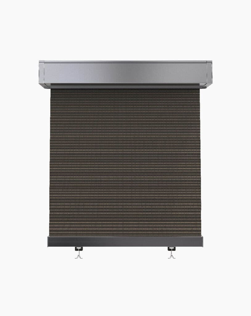A brown, horizontally striped roller blind with metallic casing and adjustable fixtures at the bottom on a white background.