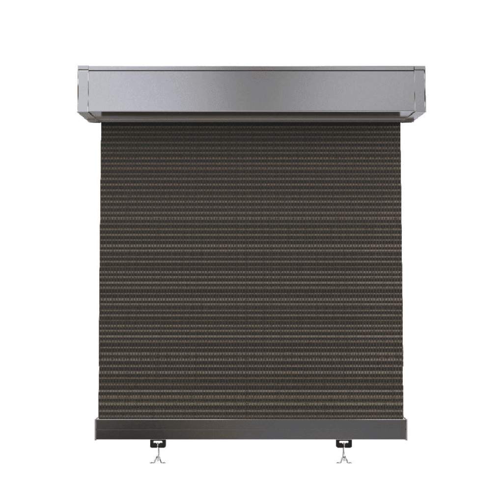 A front view of the Outdoor Straight Drop Blind, a modern, dark-colored roller window blind with a metal casing and two bottom mounting brackets.