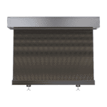 The Outdoor Straight Drop Blind features a metal frame and dark screen fabric, displayed fully extended against a white background.