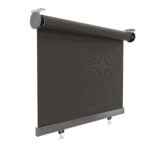 The Outdoor Straight Drop Blind is a dark-colored roller blind with side brackets and a bottom bar, including two mounting clips, displayed against a white background.