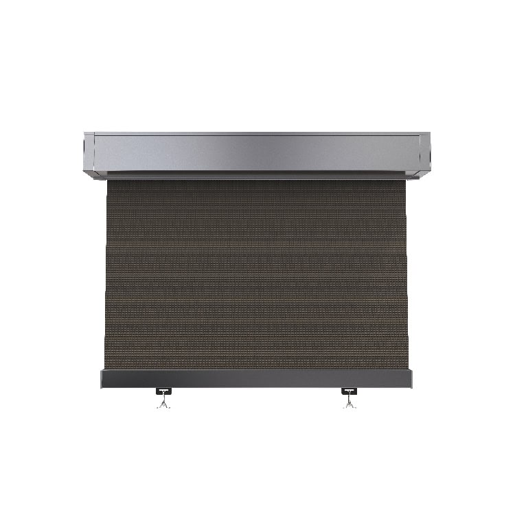 A large, black roll-down window shade with a silver casing, viewed from the front.