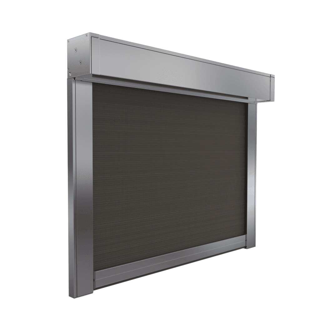 The Outdoor Deep Channel Blinds feature a metal frame and dark mesh panel, designed as a retractable window screen and displayed isolated on a white background.
