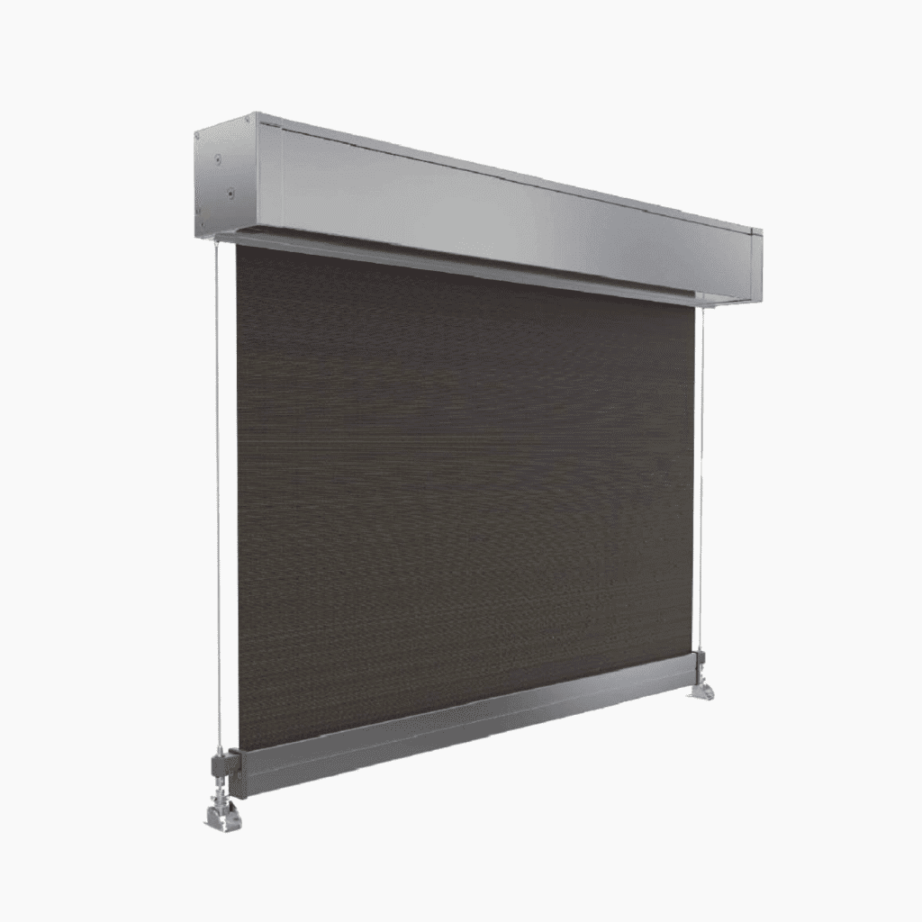 Outdoor Wired Guide Blinds feature a dark fabric panel in a metallic rectangular housing, mounted on two vertical guide wires for motorized operation.