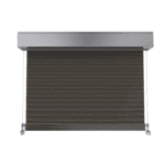 A front view of Outdoor Wired Guide Blinds featuring a metal housing, side cables, and a dark woven fabric screen.