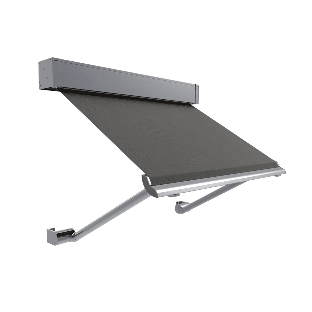 Outdoor Pivot Arm Blinds feature a retractable, wall-mounted design with a dark fabric canopy and metal support arms, shown extended at an angle against a white background.