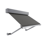 Outdoor Pivot Arm Blinds feature a retractable, wall-mounted design with a dark fabric canopy and metal support arms, shown extended at an angle against a white background.