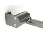 Close-up of an Outdoor Pivot Arm Blinds metal wall bracket with two screws securing a cylindrical rod, mounted on a white surface.