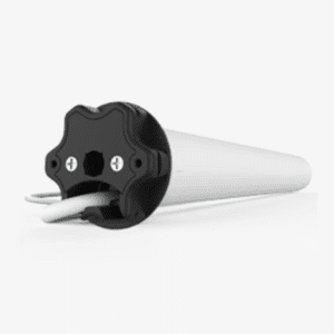 The Outdoor Wired Guide Blinds feature a cylindrical motor with a black mounting cap and two protruding white cables, visible from the connection end.