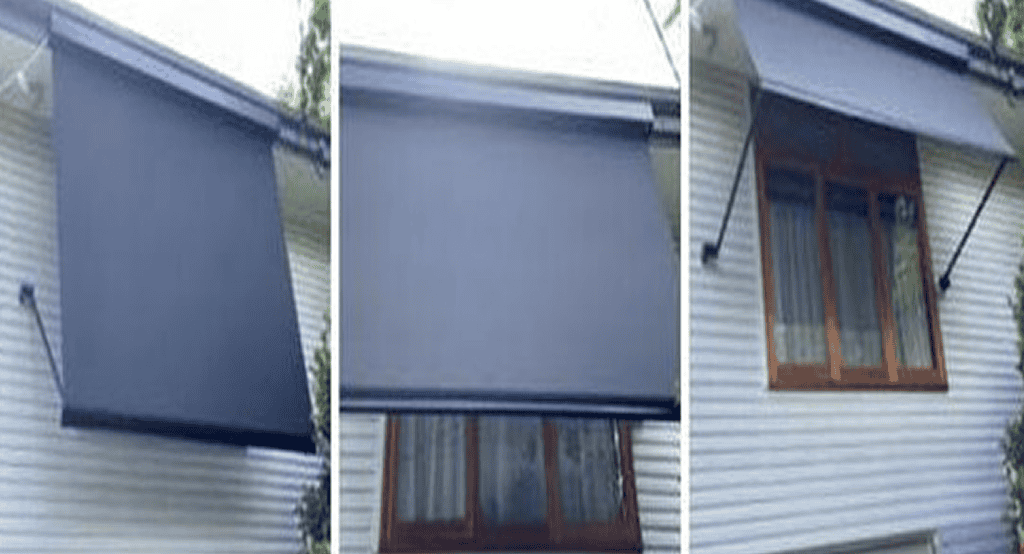 Three side-by-side images display Outdoor Pivot Arm Blinds in various positions over a window on the exterior of a white, horizontal-paneled building.