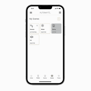 A Sanctuary Internal Roller Blinds app is shown on a smartphone, displaying "My Scenes" with four options: Summer (activating), Winter (inactive), Spring (active), and Fall (inactive).