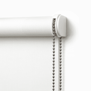 A close-up of a Sanctuary Internal Roller Blind in white, featuring a silver beaded chain mechanism on the right side, mounted against a white wall.
