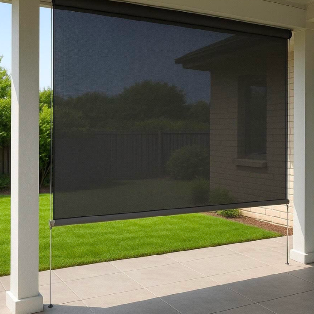 A black Wired Guide Blind is fully extended on a covered patio, partially blocking the view of the green lawn and fenced backyard.