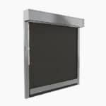 A metallic, dark-colored roller shutter partially closed, with a manual pull tab on the left side, set against a plain white background.