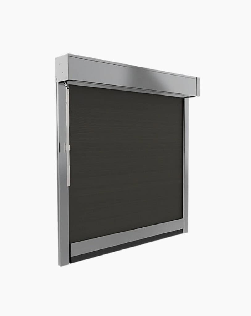 A metallic, dark-colored roller shutter partially closed, with a manual pull tab on the left side, set against a plain white background.