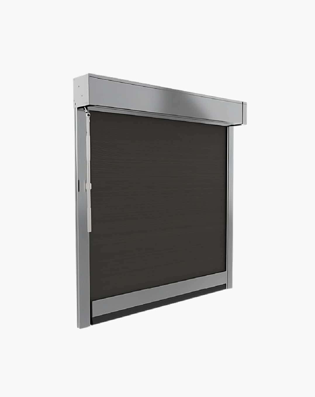 Outdoor Zipscreen Blinds come in silver-framed metallic design with a black screen and have a left-side pull-down strap.