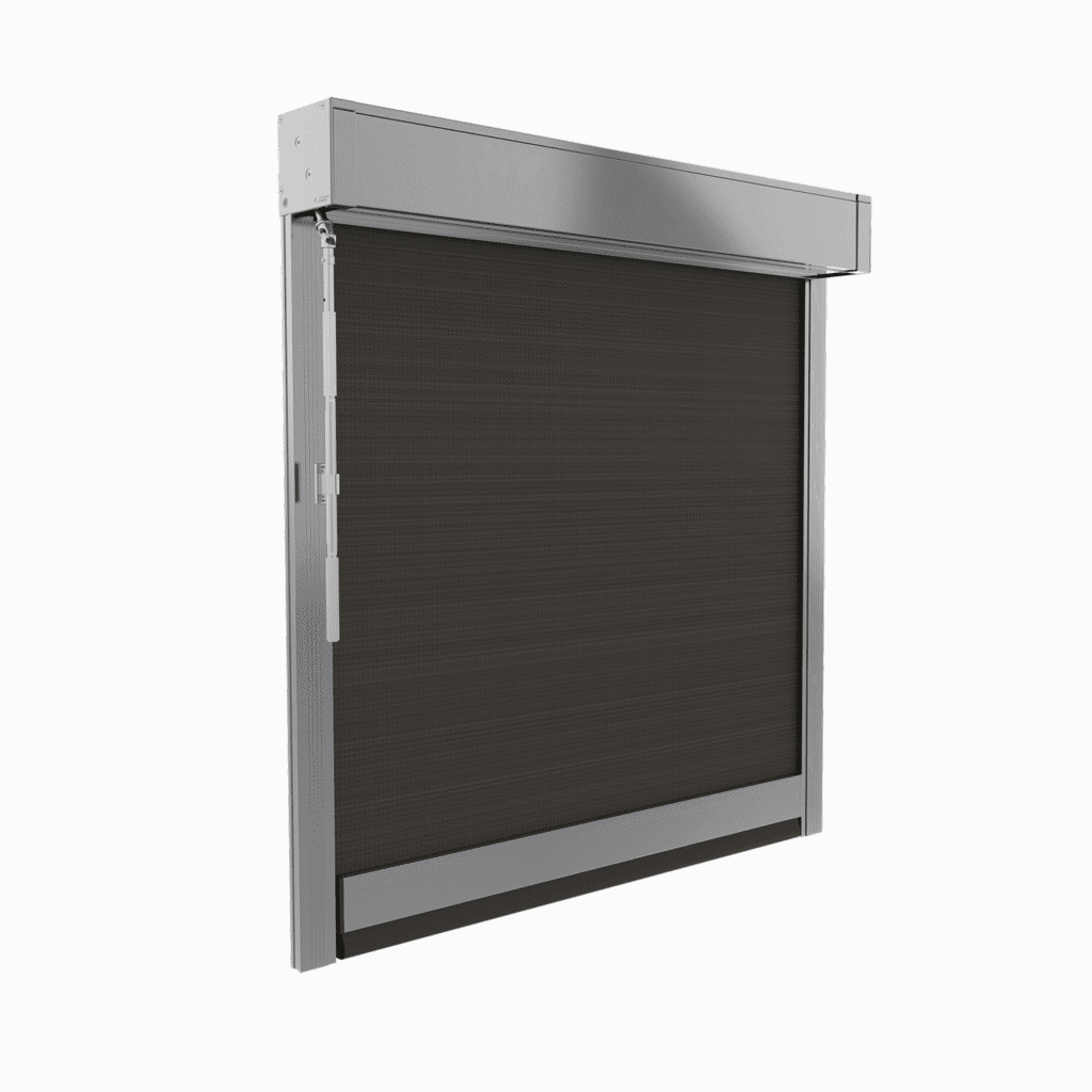 The Outdoor Zipscreen Blinds feature a metal frame, dark mesh screen, left-side chain mechanism, and rectangular top housing.