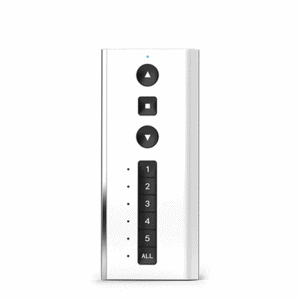 A white remote control with black buttons, including up and down arrows, numbered buttons from 1 to 5, and an "ALL" button at the bottom.