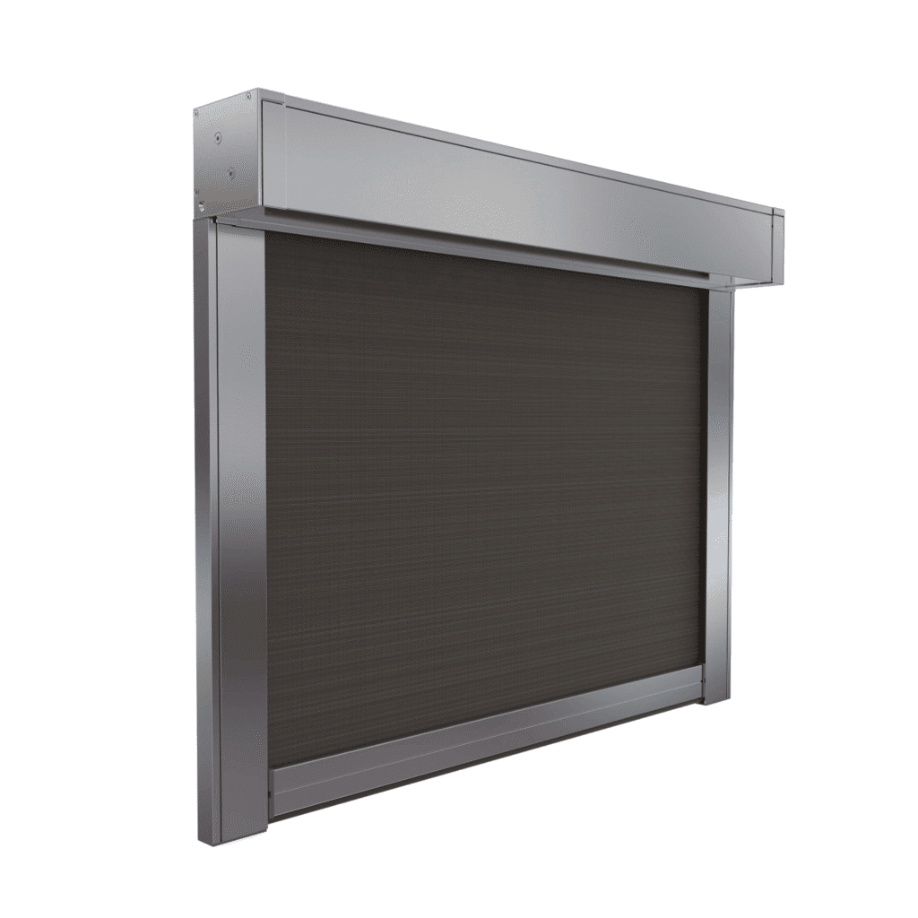 A metallic outdoor roller shade with a rectangular, silver frame and a dark mesh screen, partially unrolled against a white background.