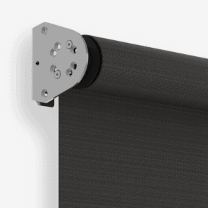 Close-up view of a wall-mounted black roller shade with a visible metal bracket and mounting hardware.