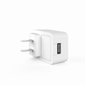 A white USB wall charger with two metal prongs and a single USB port, shown against a plain white background.