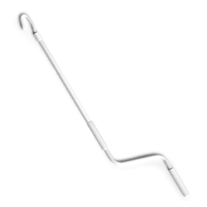 A long, white, L-shaped grabbing tool with a hooked end and a padded grip, designed for reaching and pulling objects.