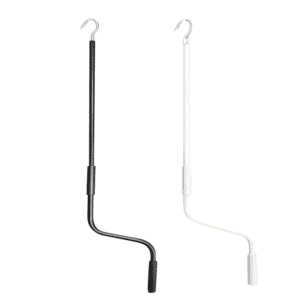 Two metal reacher hooks, one black and one white, each with a curved handle and hook at the top, positioned side by side against a white background.