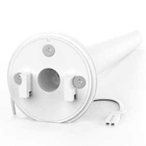 Close-up of a cylindrical white electronic device with two mounting brackets, screws, a central hole, and a wiring connector extending from the side.