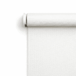 A close-up view of a partially unrolled white roller window blind mounted on a wall, photographed against a plain white background.
