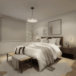A modern bedroom with a double bed, neutral bedding, a wooden bench, nightstand, framed wall art, a potted plant, and a pendant light, all in soft, muted tones.