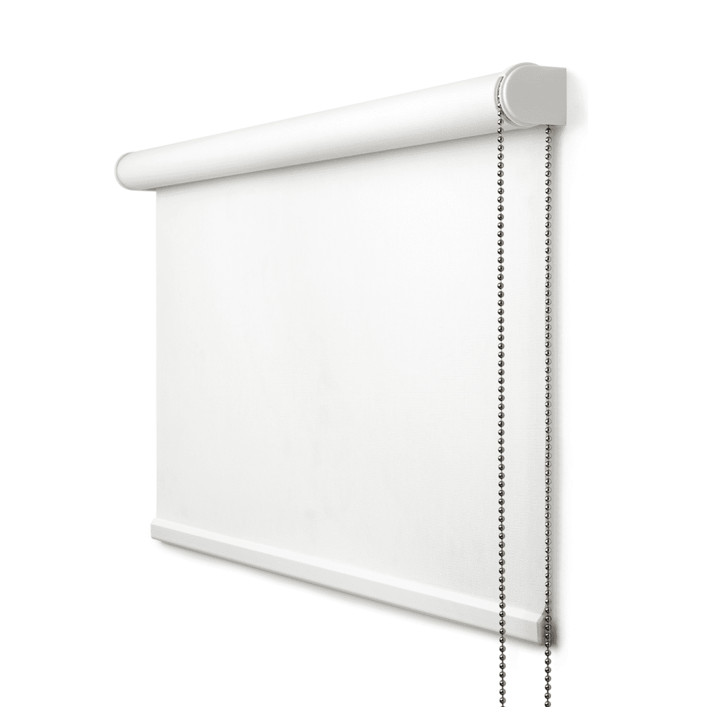 White roller window blind with a bead chain mechanism, partially rolled down against a plain white background.