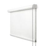 White roller window blind with a bead chain mechanism, partially rolled down against a plain white background.