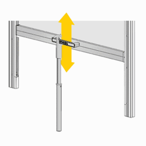Diagram showing a metal support leg extending or retracting vertically beneath a horizontal frame, indicated by a double-headed yellow arrow.