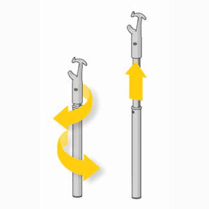 Diagram showing a pole with a hooked end; one image has a yellow arrow twisting around the pole, and the other has a yellow arrow pointing upward.