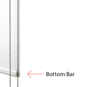 A close-up of Builders' Range Roller Blinds displays a ball chain on the left and an arrow highlighting the bottom bar, labeled "Bottom Bar.