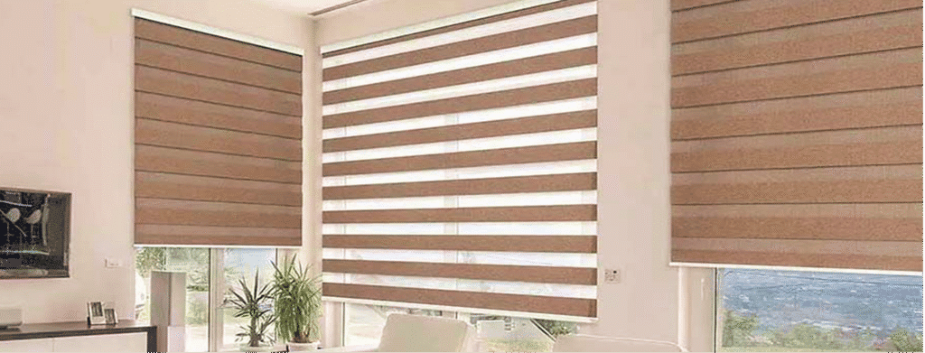 Room with large windows covered by light brown zebra roller blinds, white walls, a television, indoor plants, and a view of the outdoors.