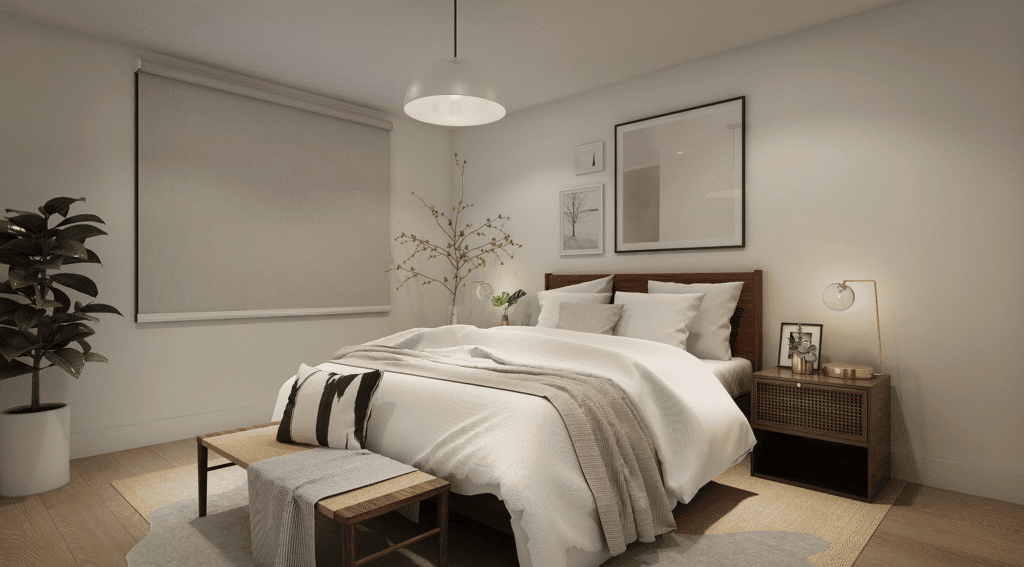 A modern, minimalist bedroom features a wooden bed, white bedding, a nightstand, potted plant, wall art, and a window dressed with Builders' Range Roller Blinds.