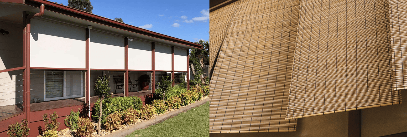 The image shows a house with outdoor roller blinds on a porch, and a close-up of bamboo roll-up blinds hanging side by side.