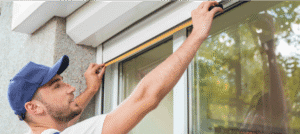 A person in a blue cap measures the width of a window using a tape measure, holding it across the top frame outside a building.
