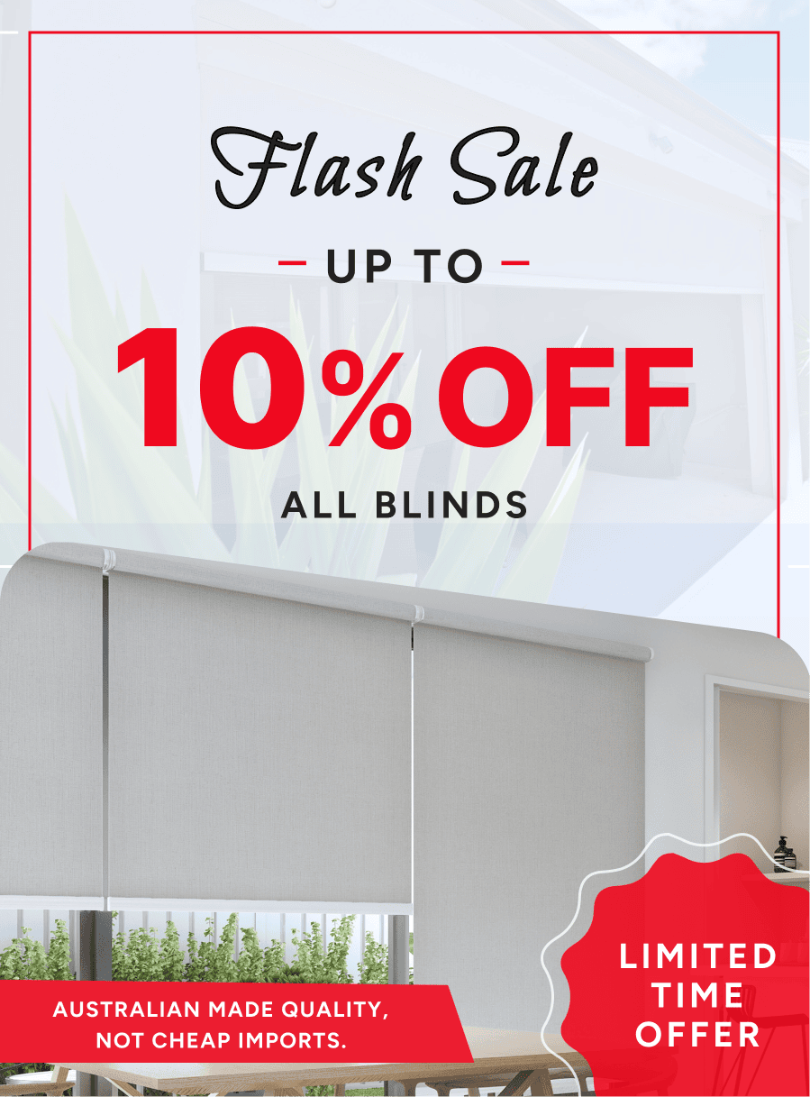 Advertisement for a flash sale offering up to 10% off all blinds, featuring indoor window blinds and a note that it is a limited time offer on Australian made quality blinds.
