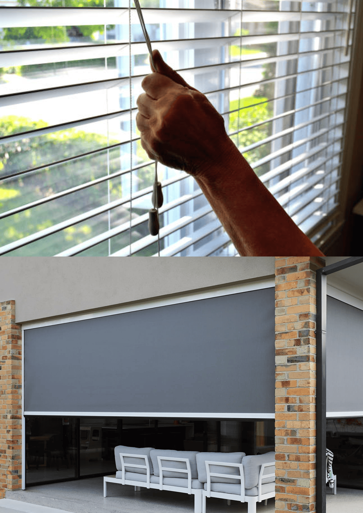 A hand adjusts indoor window blinds in the first image; the second image shows outdoor roller blinds covering a patio area with white furniture.