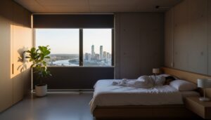 A person sleeps in a modern, minimalist bedroom with a large window offering a city skyline view at sunrise. A potted plant and bedside tables are visible.